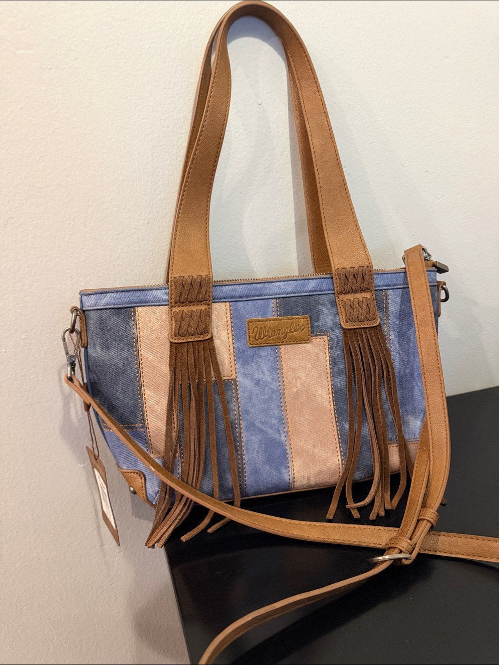 Wrangler Denim Patchwork Tote/ Crossbody- Blue and Tan Fringe- NWT!!